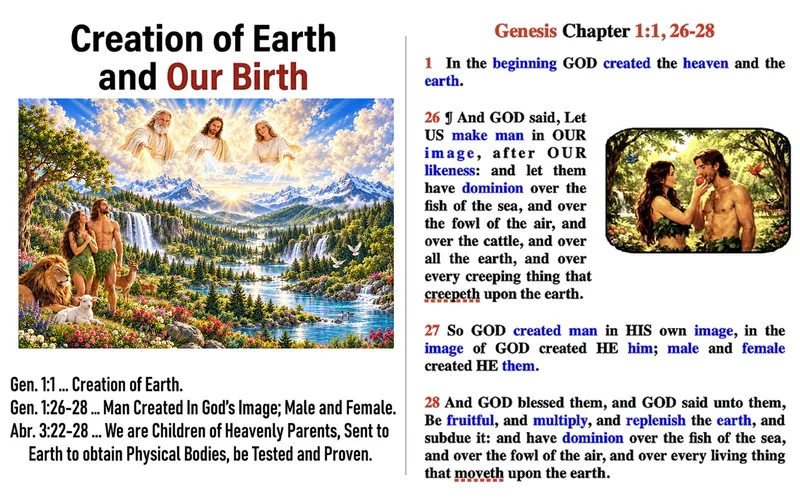 Creation of Earth and Our Birth: heavenly beings above a mountain valley with Adam and Eve, beside the text of Genesis 1:1 and 26–28