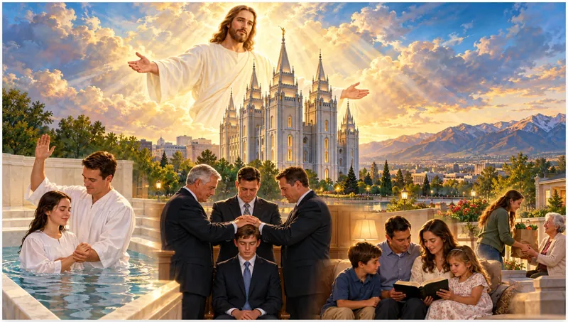 A baptism, a confirmation by the laying on of hands, and a family reading scripture, with Jesus Christ above the Salt Lake Temple